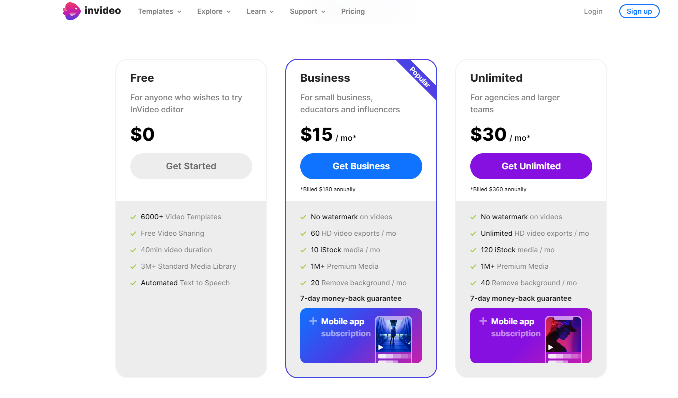 Pricing plans for Invideo